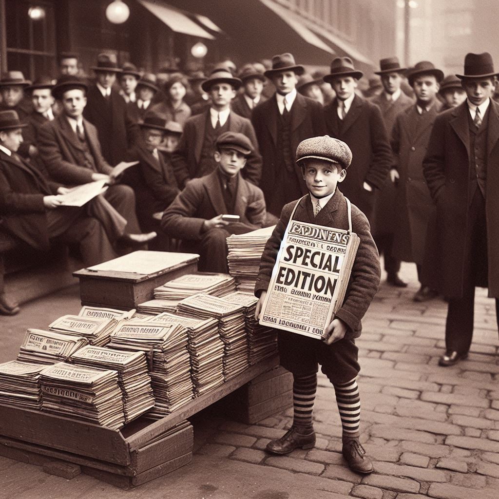A boy selling newspapers in the 1930's