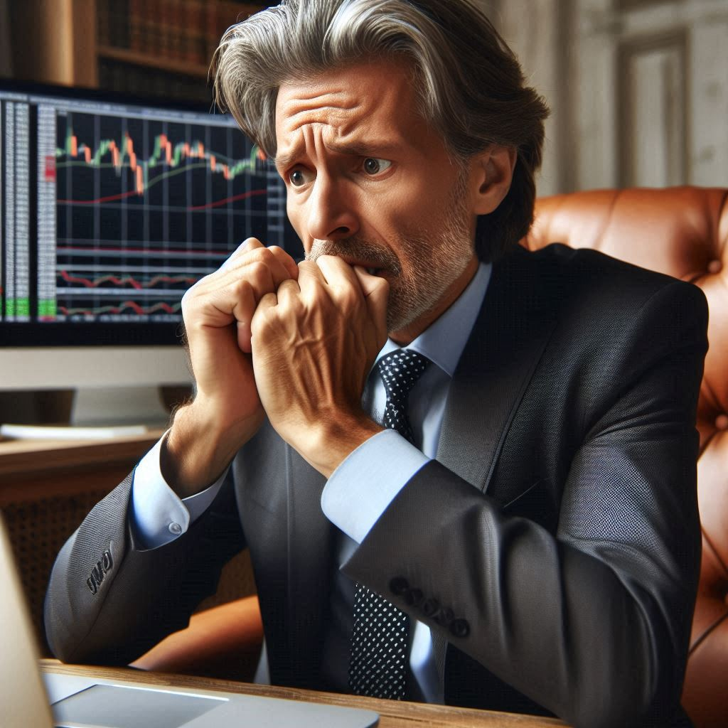 A nervous investor sitting in front of a computer