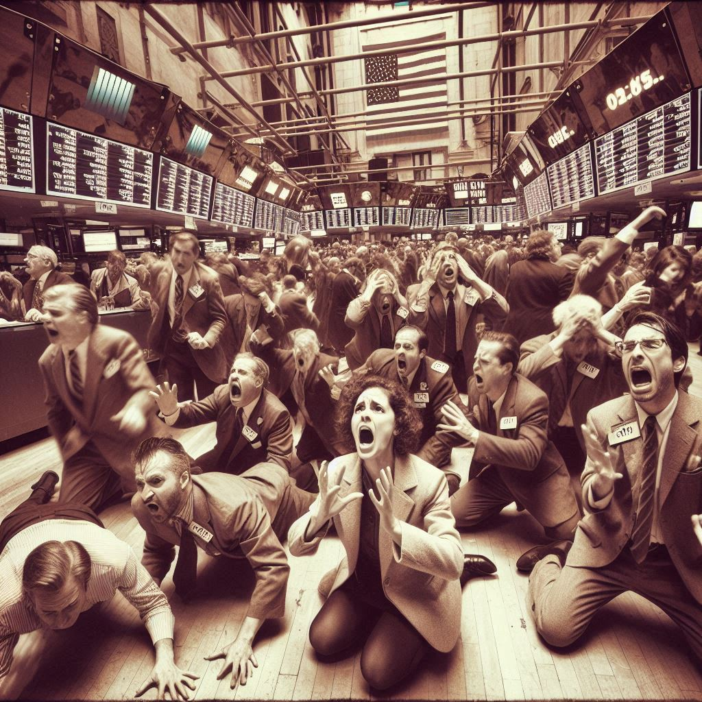 Traders panicking on the floor of a stock exchange
