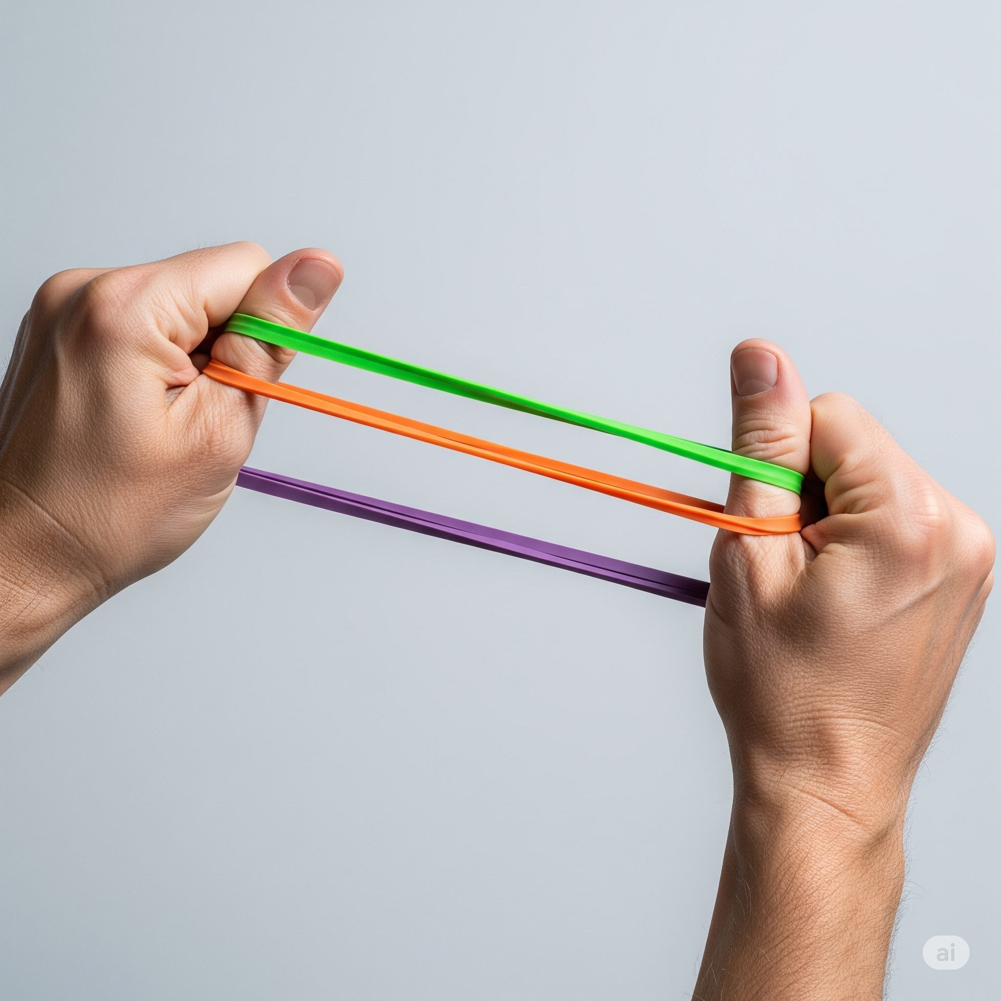 An image of human hands stretching colorful rubber bands