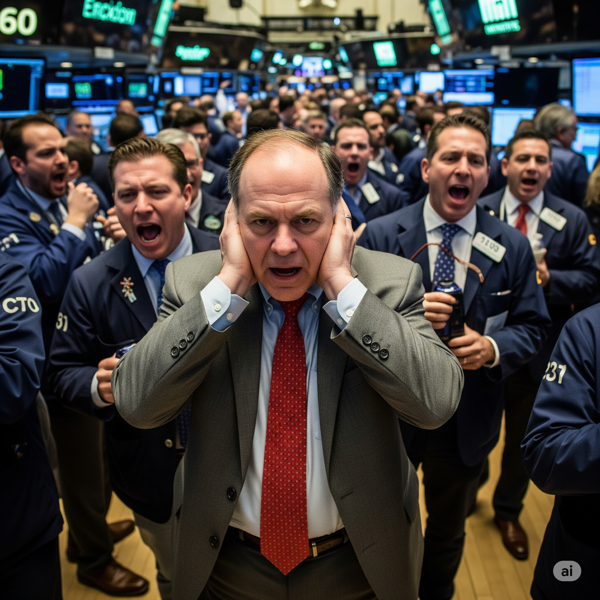 An image of one person covering his ears in a crowd of loud, shouting people on the floor of a stock exchange