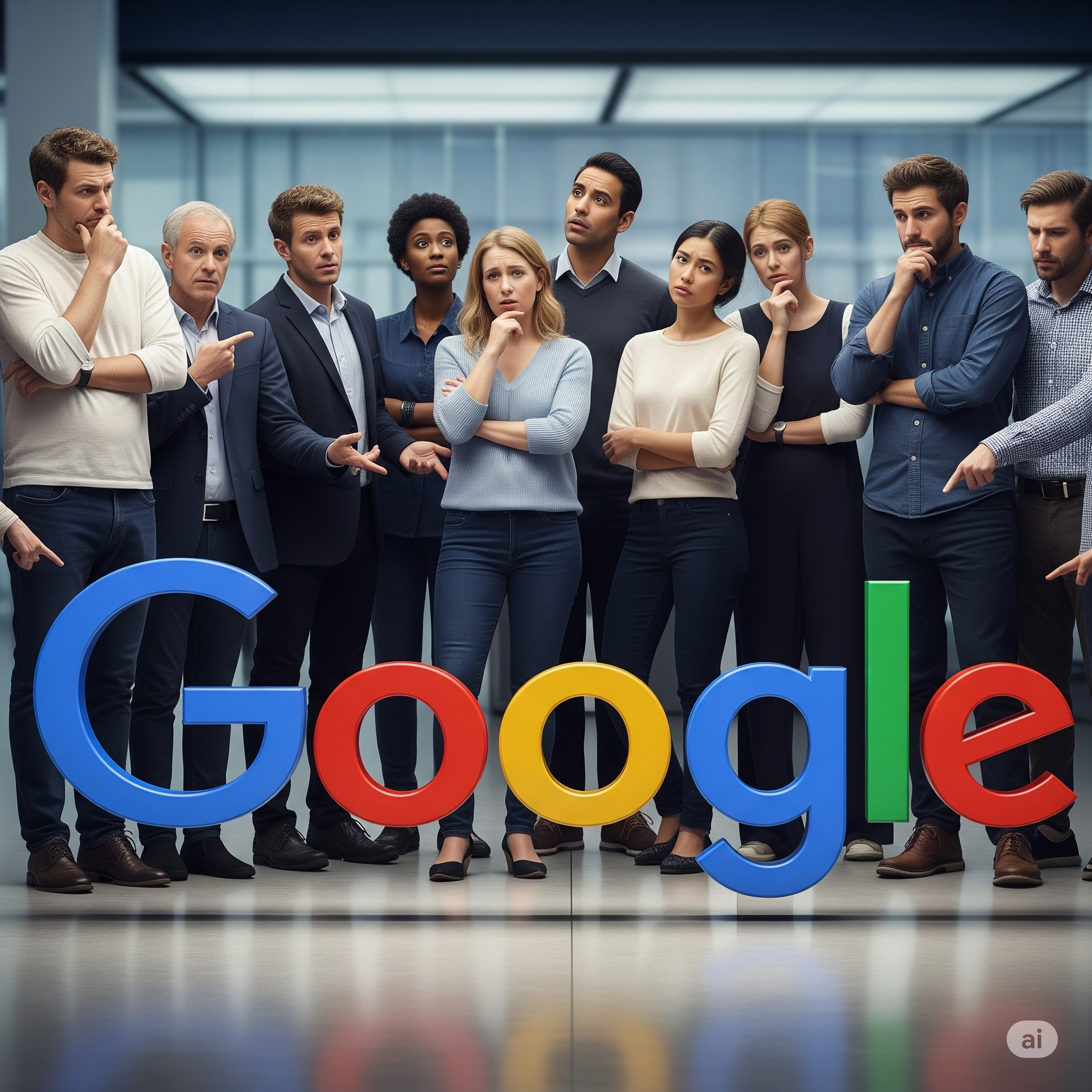 An image showing a group of people standing around the Google logo looking contemplative, as if they are confused