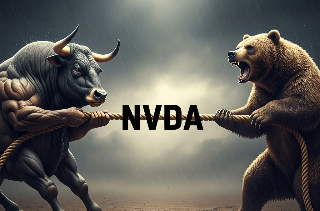 A bull and bear engaged in a tuck of war over NVDA stock.