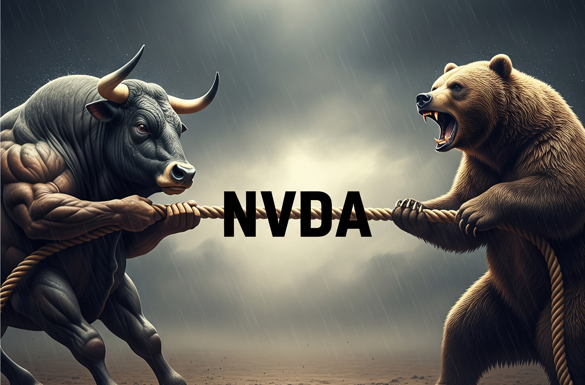 A bull and bear engaged in a tuck of war over NVDA stock.
