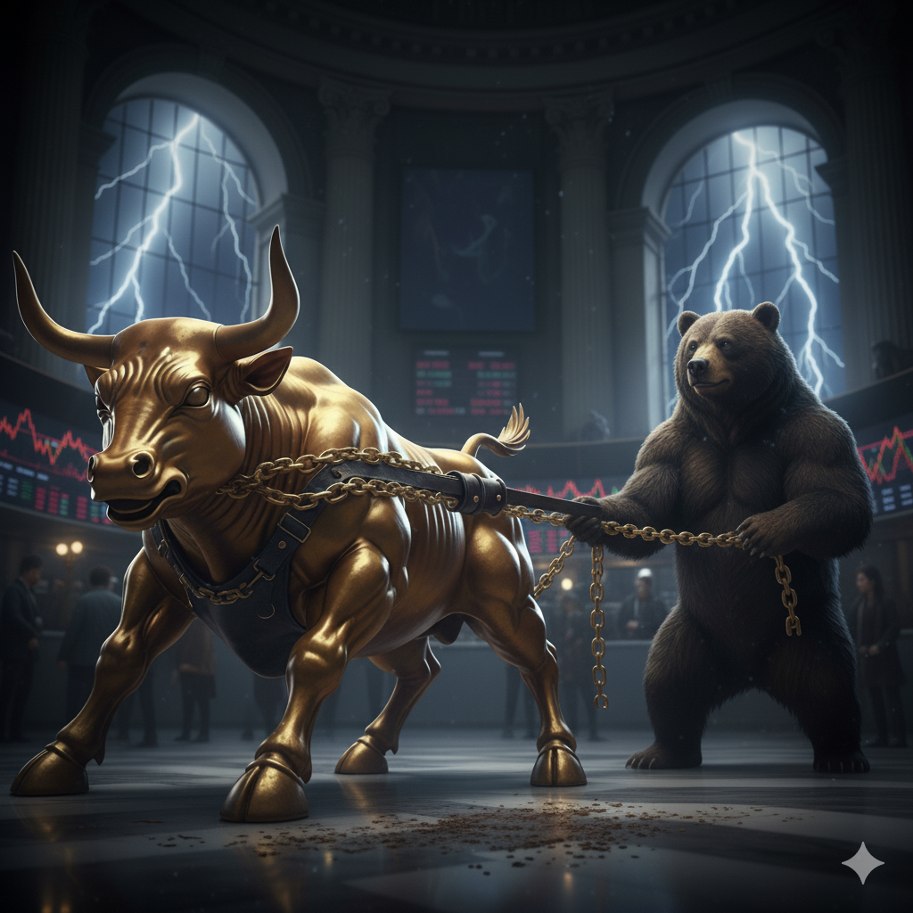 A strong bear holds back a gold bull.
